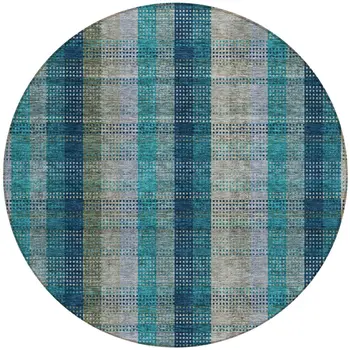 8' Teal Blue Navy Blue And Olive Green Round Plaid Washable Indoor Outdoor Area Rug