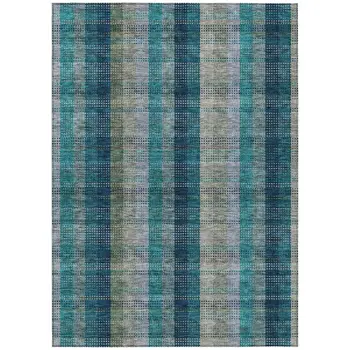 10' X 14' Teal Blue Navy Blue And Olive Green Plaid Washable Indoor Outdoor Area Rug