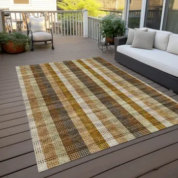 3' X 5' Wheat Ivory And Brown Plaid Washable Indoor Outdoor Area Rug