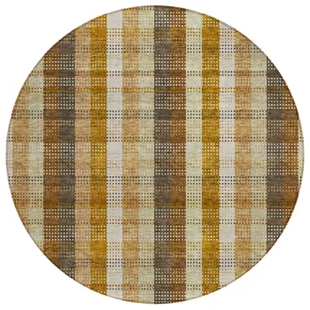 8' Wheat Ivory And Brown Round Plaid Washable Indoor Outdoor Area Rug