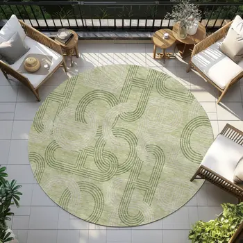 8' Sage And Ivory Round Geometric Washable Indoor Outdoor Area Rug