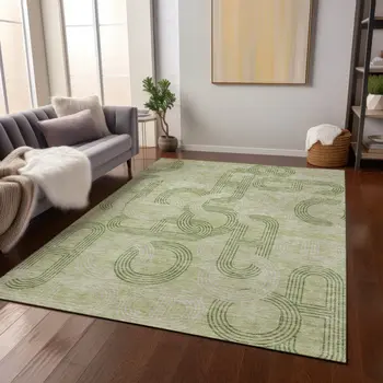 9' X 12' Sage And Ivory Geometric Washable Indoor Outdoor Area Rug