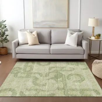 10' X 14' Sage And Ivory Geometric Washable Indoor Outdoor Area Rug