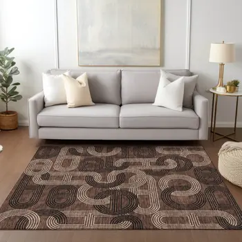 5' X 8' Chocolate And Beige Geometric Washable Indoor Outdoor Area Rug