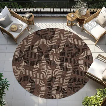 8' Chocolate And Beige Round Geometric Washable Indoor Outdoor Area Rug