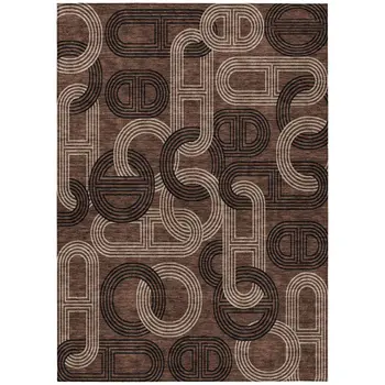 9' X 12' Chocolate And Beige Geometric Washable Indoor Outdoor Area Rug