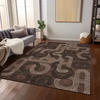 10' X 14' Chocolate And Beige Geometric Washable Indoor Outdoor Area Rug