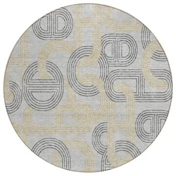 8' Gray And Gold Round Geometric Washable Indoor Outdoor Area Rug