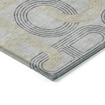 8' Gray And Gold Round Geometric Washable Indoor Outdoor Area Rug