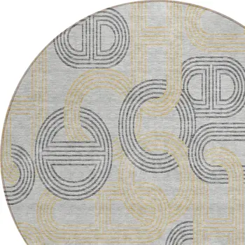 8' Gray And Gold Round Geometric Washable Indoor Outdoor Area Rug
