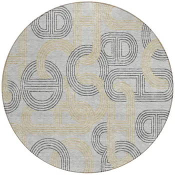 8' Gray And Gold Round Geometric Washable Indoor Outdoor Area Rug