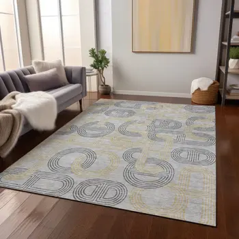 9' X 12' Gray And Gold Geometric Washable Indoor Outdoor Area Rug