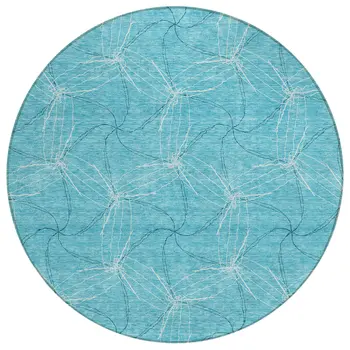 8' Aqua And Ivory Round Geometric Washable Indoor Outdoor Area Rug