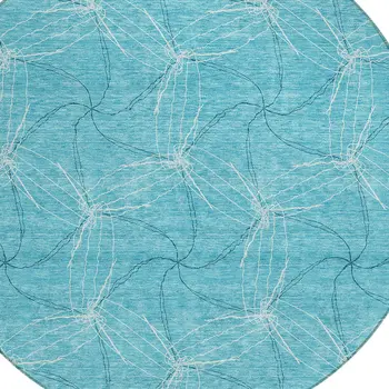 8' Aqua And Ivory Round Geometric Washable Indoor Outdoor Area Rug