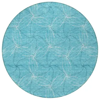 8' Aqua And Ivory Round Geometric Washable Indoor Outdoor Area Rug