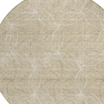 8' Beige And Ivory Round Geometric Washable Indoor Outdoor Area Rug