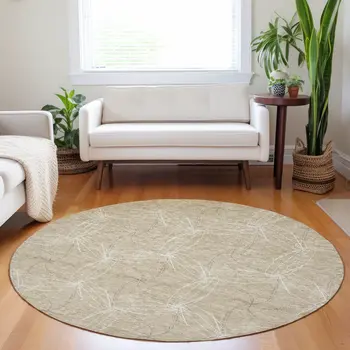 8' Beige And Ivory Round Geometric Washable Indoor Outdoor Area Rug