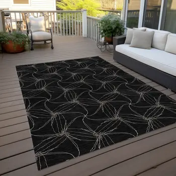 5' X 8' Black And Ivory Geometric Washable Indoor Outdoor Area Rug