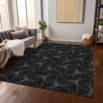 5' X 8' Black And Ivory Geometric Washable Indoor Outdoor Area Rug