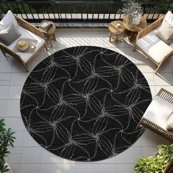 8' Black And Ivory Round Geometric Washable Indoor Outdoor Area Rug