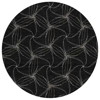 8' Black And Ivory Round Geometric Washable Indoor Outdoor Area Rug