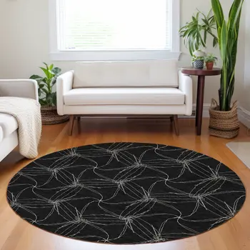 8' Black And Ivory Round Geometric Washable Indoor Outdoor Area Rug