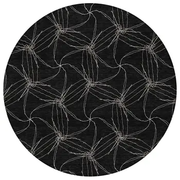 8' Black And Ivory Round Geometric Washable Indoor Outdoor Area Rug