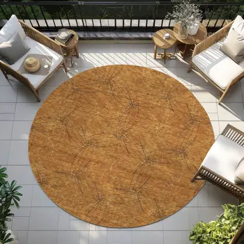 8' Copper And Ivory Round Geometric Washable Indoor Outdoor Area Rug