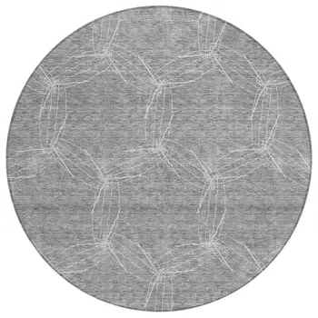 8' Gray And Ivory Round Geometric Washable Indoor Outdoor Area Rug
