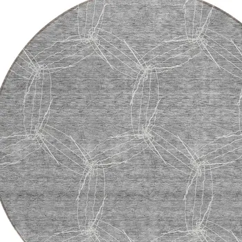 8' Gray And Ivory Round Geometric Washable Indoor Outdoor Area Rug