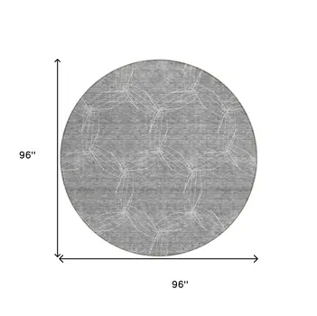 8' Gray And Ivory Round Geometric Washable Indoor Outdoor Area Rug