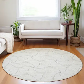 8' Ivory And Taupe Round Geometric Washable Indoor Outdoor Area Rug