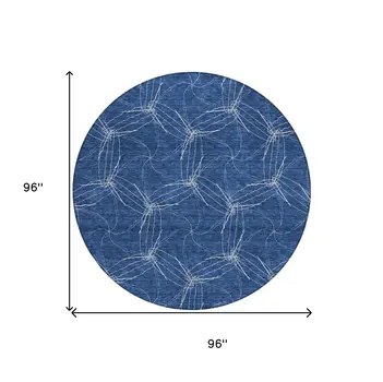 8' Navy Blue And Ivory Round Geometric Washable Indoor Outdoor Area Rug