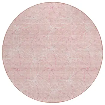 8' Pink And Ivory Round Geometric Washable Indoor Outdoor Area Rug