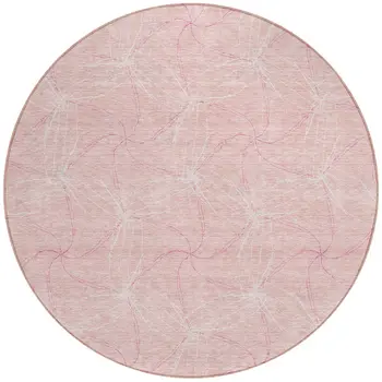 8' Pink And Ivory Round Geometric Washable Indoor Outdoor Area Rug