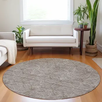 8' Taupe And Ivory Round Geometric Washable Indoor Outdoor Area Rug