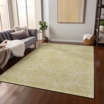 3' X 5' Wheat And Ivory Geometric Washable Indoor Outdoor Area Rug