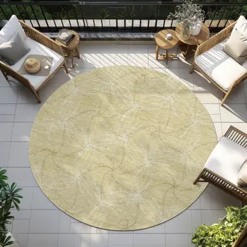 8' Wheat And Ivory Round Geometric Washable Indoor Outdoor Area Rug