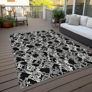 3' X 5' Black And Gray Abstract Washable Indoor Outdoor Area Rug