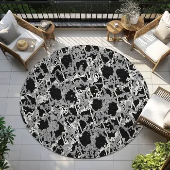 8' Black And Gray Round Abstract Washable Indoor Outdoor Area Rug