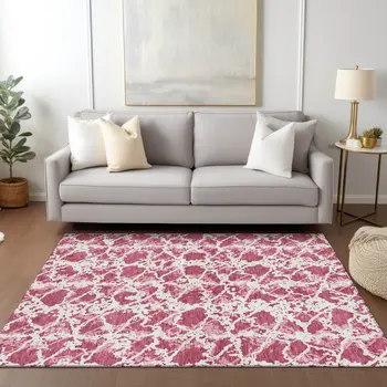 8' X 10' Blush And Ivory Abstract Washable Indoor Outdoor Area Rug