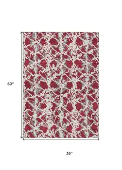 3' X 5' Burgundy And Ivory Abstract Washable Indoor Outdoor Area Rug