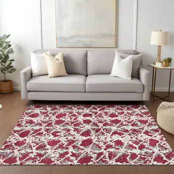 10' X 14' Burgundy And Ivory Abstract Washable Indoor Outdoor Area Rug