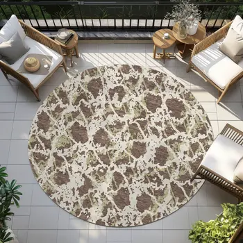 8' Brown And Ivory Round Abstract Washable Indoor Outdoor Area Rug