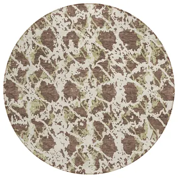 8' Brown And Ivory Round Abstract Washable Indoor Outdoor Area Rug