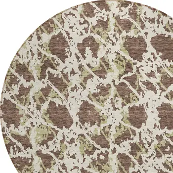 8' Brown And Ivory Round Abstract Washable Indoor Outdoor Area Rug