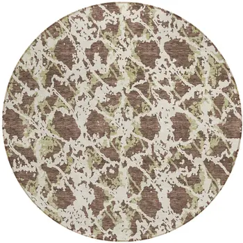 8' Brown And Ivory Round Abstract Washable Indoor Outdoor Area Rug