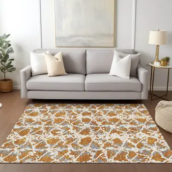 8' X 10' Copper And Ivory Abstract Washable Indoor Outdoor Area Rug