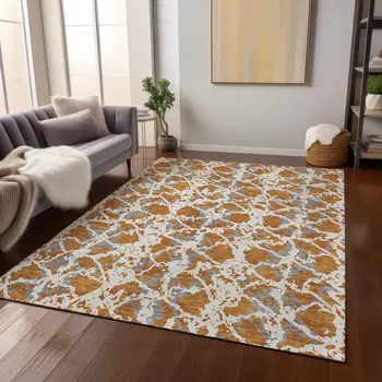 8' X 10' Copper And Ivory Abstract Washable Indoor Outdoor Area Rug