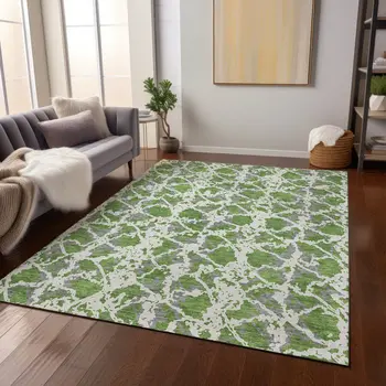 3' X 5' Green And Ivory Abstract Washable Indoor Outdoor Area Rug